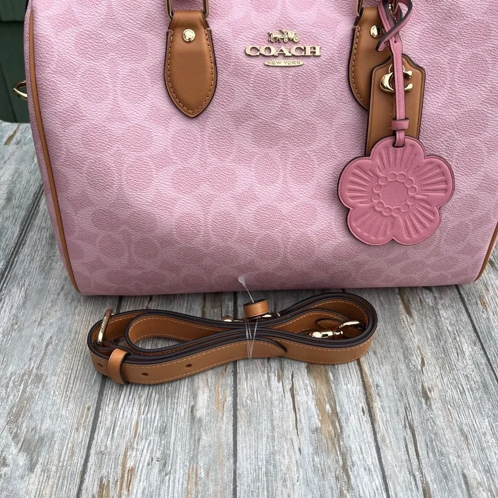 Coach Rowan Large Satchel Bag In Signature Canvas With Charms Powder Pink Purse
